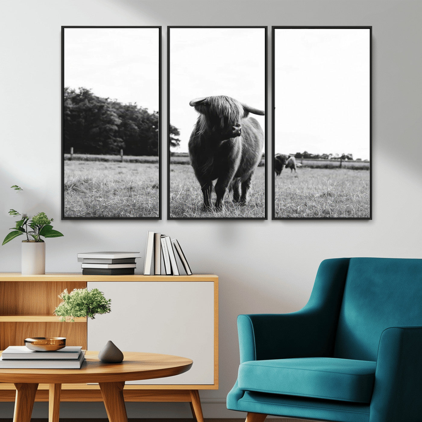 MGV-FC-48X32-3P - Black and White Highland Cow Wall Art Canvas Print | Rustic Western Decor for Living Room or Office,