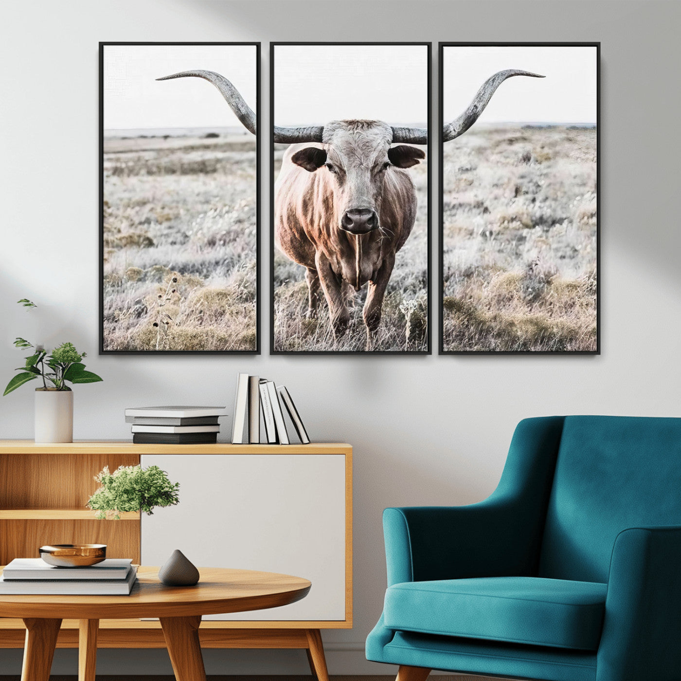-Rustic Texas Longhorn Wall Art Canvas Print | Western Farmhouse Decor for Living Room or Office,