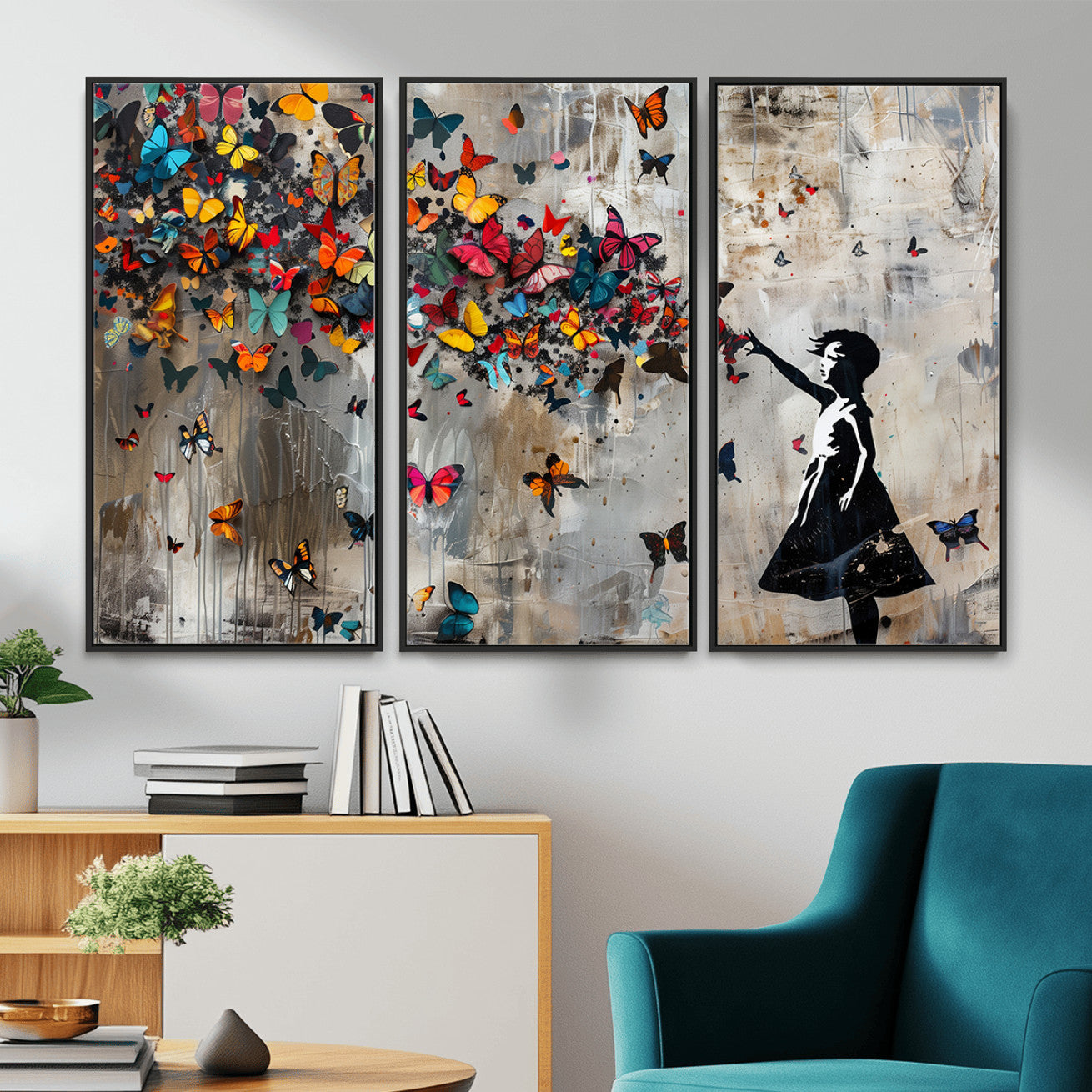 40269-MGV-CV-36X24 - Banksy Wall Art - Banksy Girl and Butterfly Explosion Wall Art Canvas Print | Girl with Butterflies