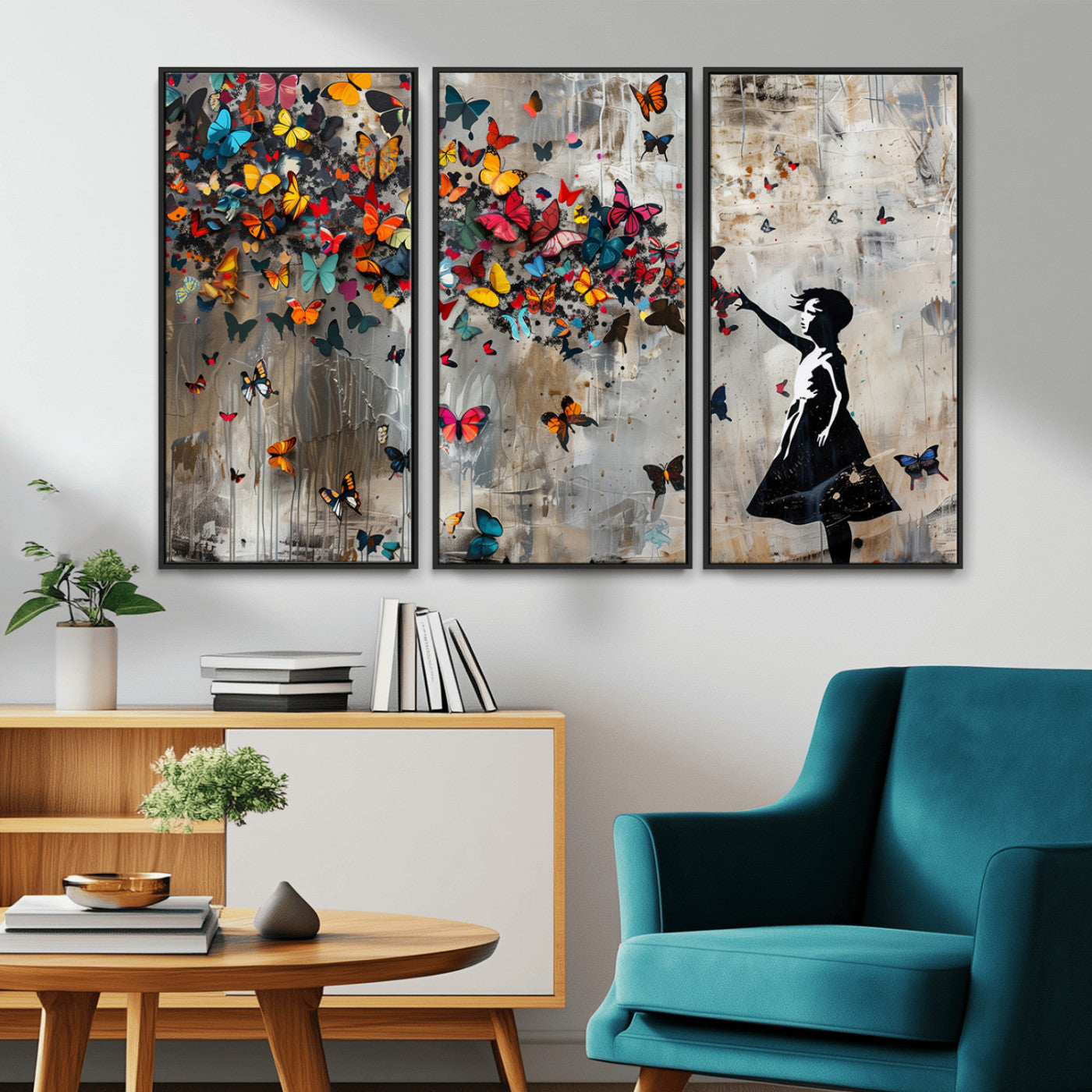 MGV-FC-48X32-3P - Banksy Wall Art - Banksy Girl and Butterfly Explosion Wall Art Canvas Print | Girl with Butterflies