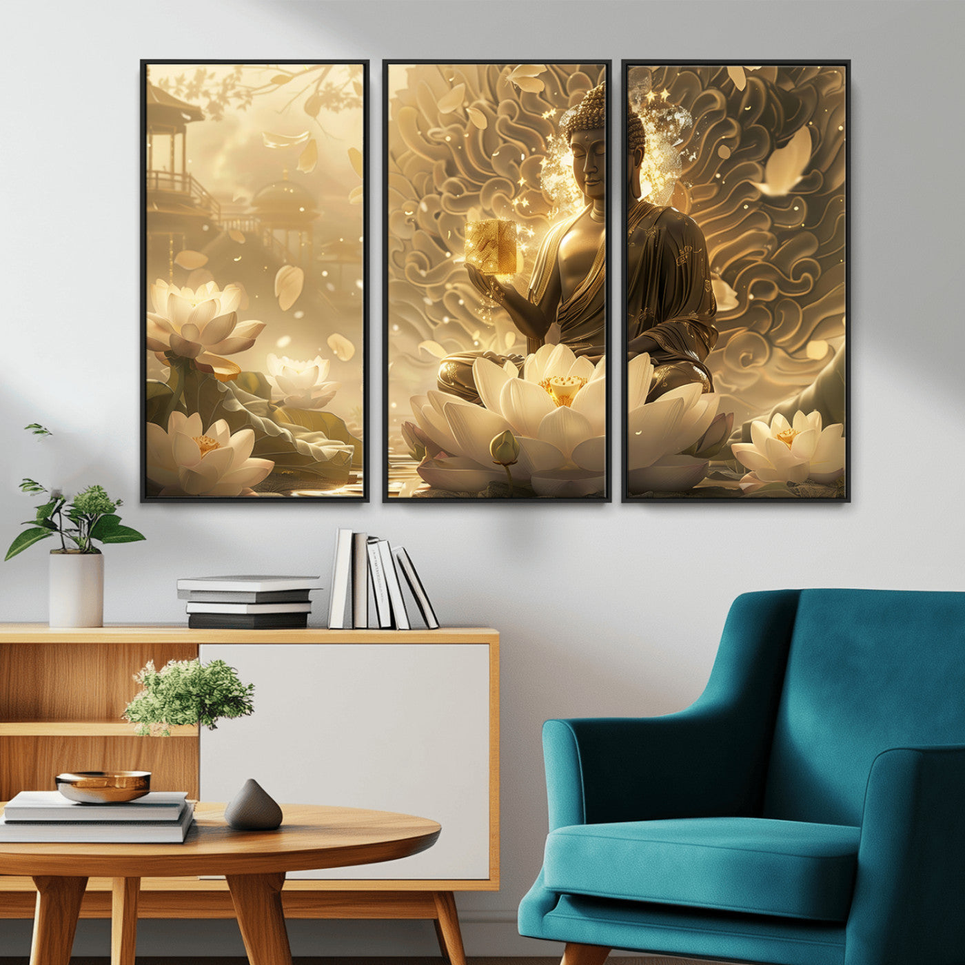 MGV-FC-48X32-3P - Golden Buddha Wall Art | Yoga Room Decor and Meditation Room Wall Art | Framed and Ready to Hang