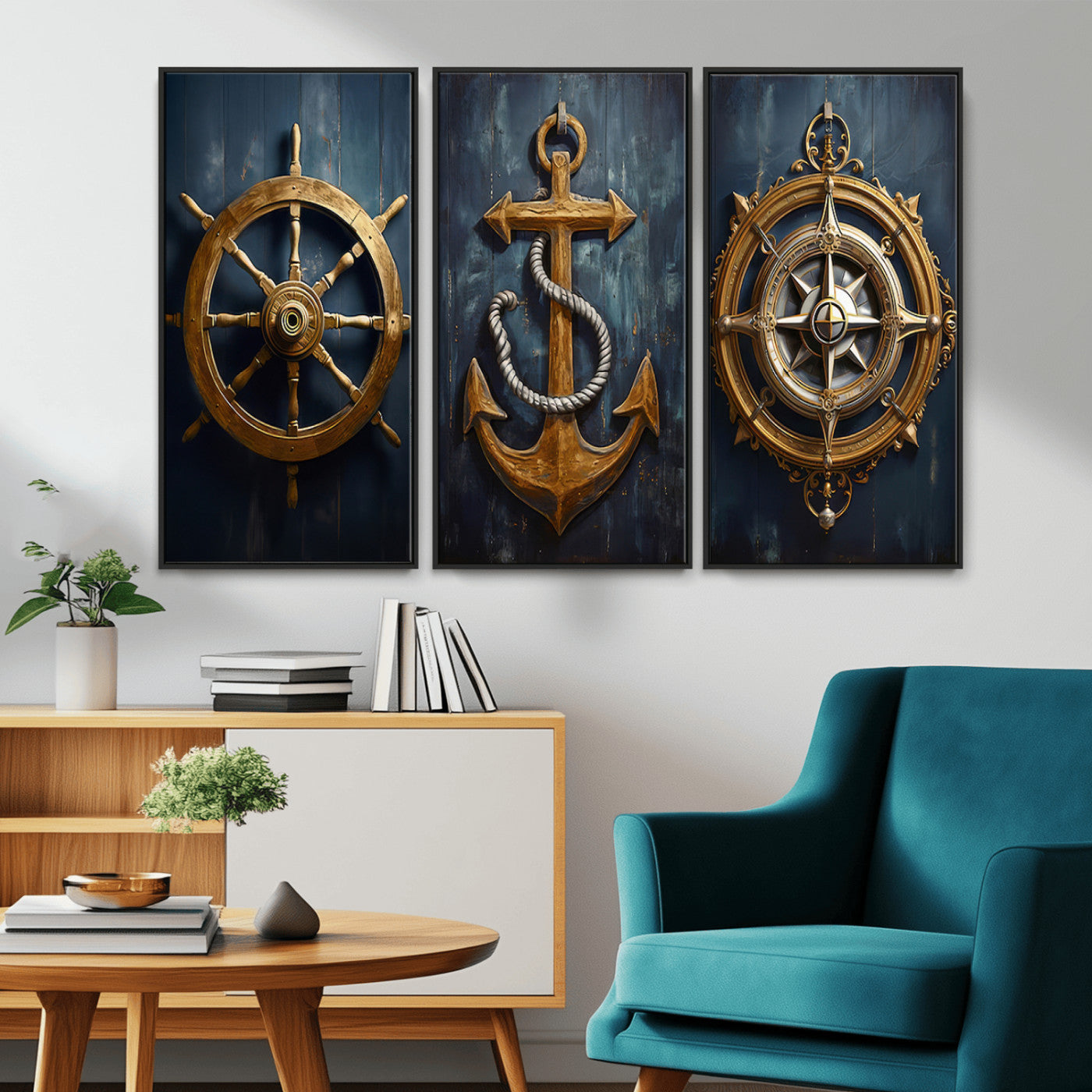 MGV-FC-48X32-3P - Boat Anchor Compass With Rope Wall Art Canvas Print | Beach House Wall Art