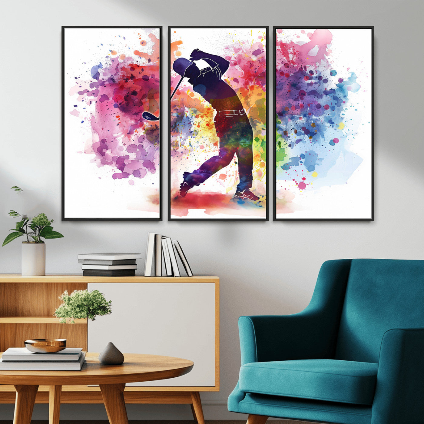 MGV-FC-48X32-3P - Colorful Golfer Swing Wall Art Canvas Print - Ready to Hang, Framed Sports Decor
