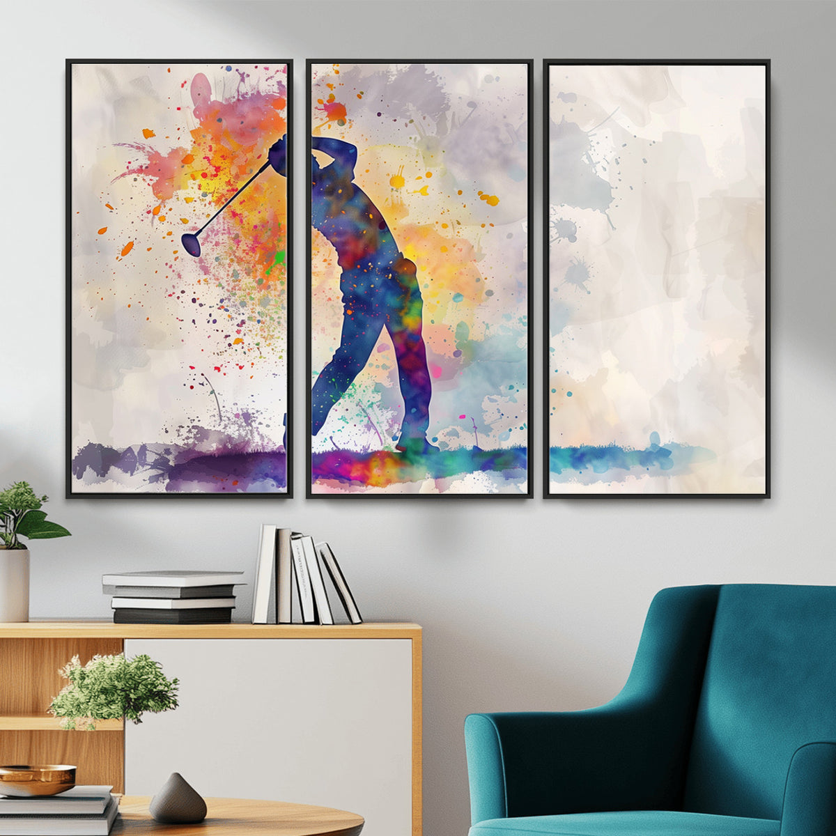 89625-MGV-CV-36X24 - Vibrant Watercolor Golf Swing Wall Art Canvas Print | Extra Large 3 Piece Canvas Wall Art