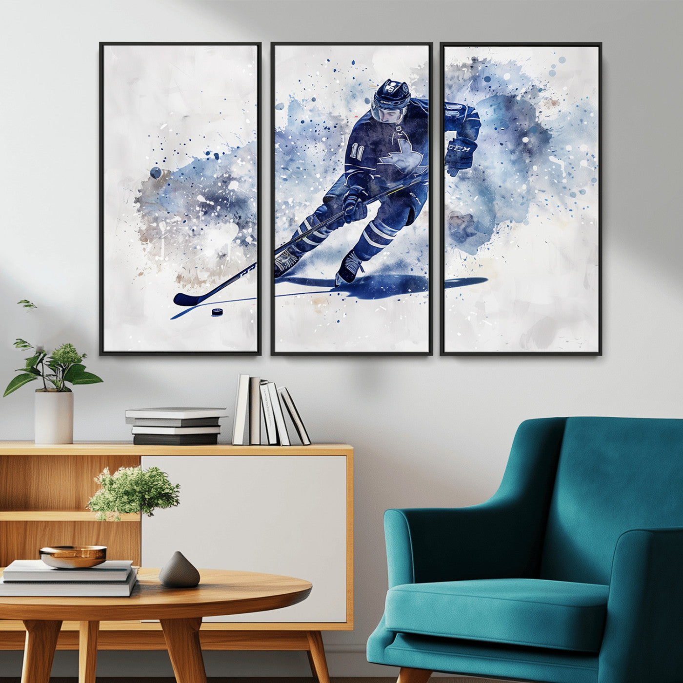 MGV-FC-48X32-3P - Hockey Player Wall Art Canvas Print - Sports-Inspired Watercolor Decor - Ready to Hang
