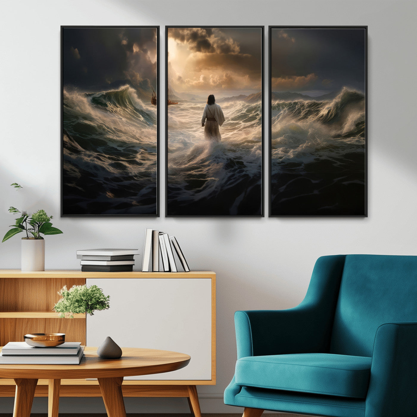 MGV-FC-48X32-3P - Jesus Walking on Water Wall Art Canvas Print - Religious Spiritual Decor - Jesus Wall Art Canvas