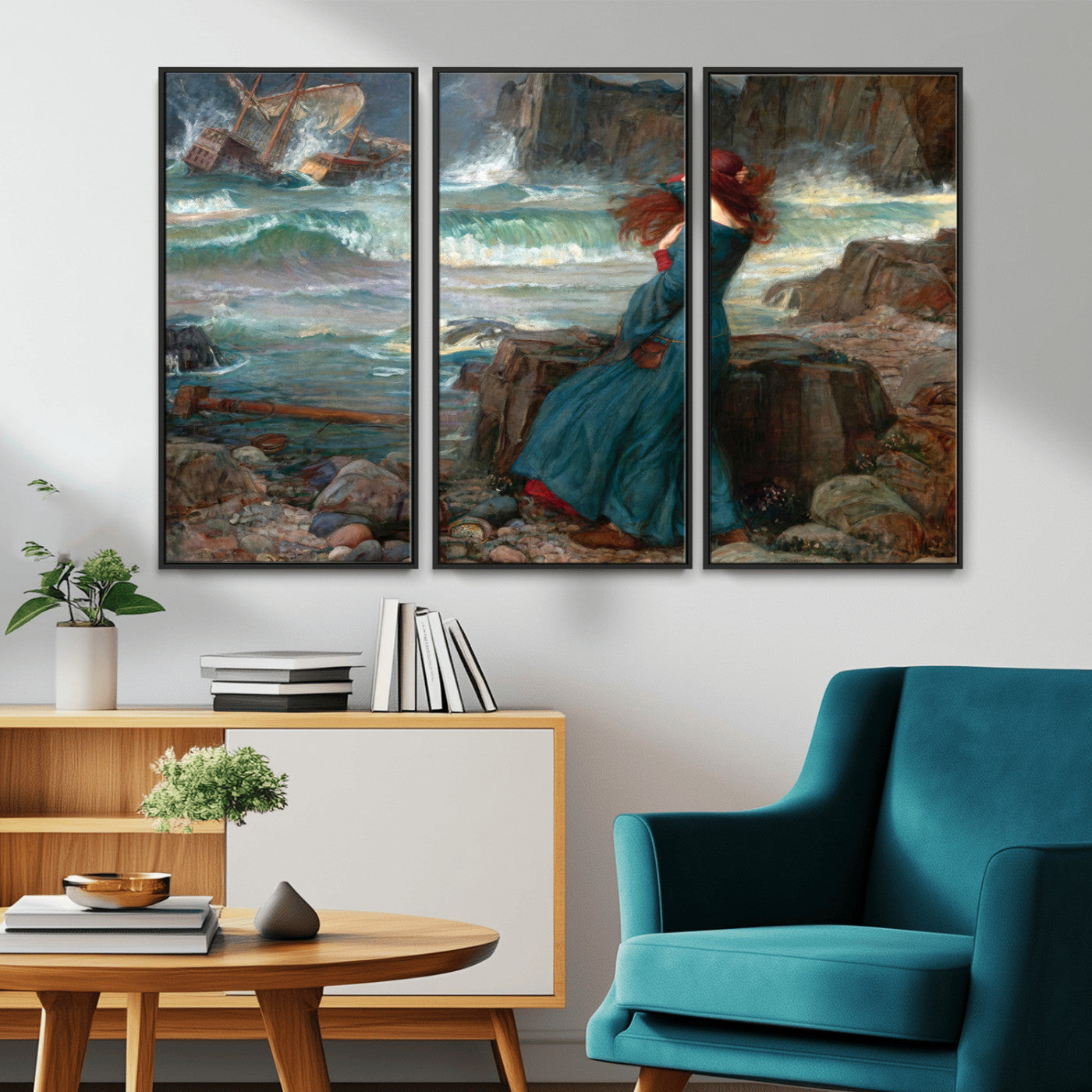 1-MGV-FC-48X32-3P_Black-Miranda by the Shore Wall Art Canvas Print – Tempest Scene Ocean Storm – Ready to Hang
