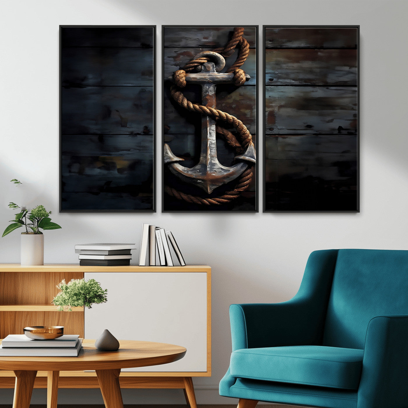 MGV-FC-48X32-3P - 3 Panel Grunge Abstract Anchor Wall Art Canvas Print Set