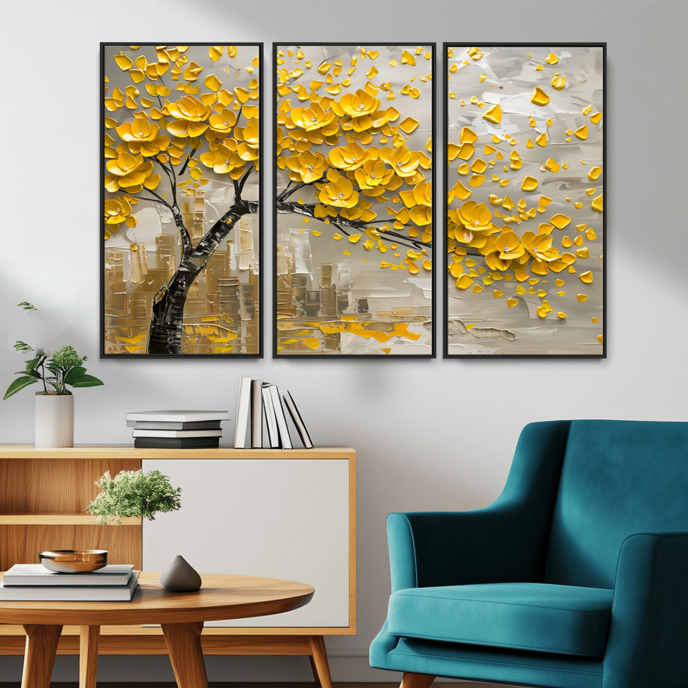 MGV-FC-48X32-3P - Yellow Blossom Tree Canvas Wall Art - Floral Abstract Modern Contemporary Artwork for Living Room or