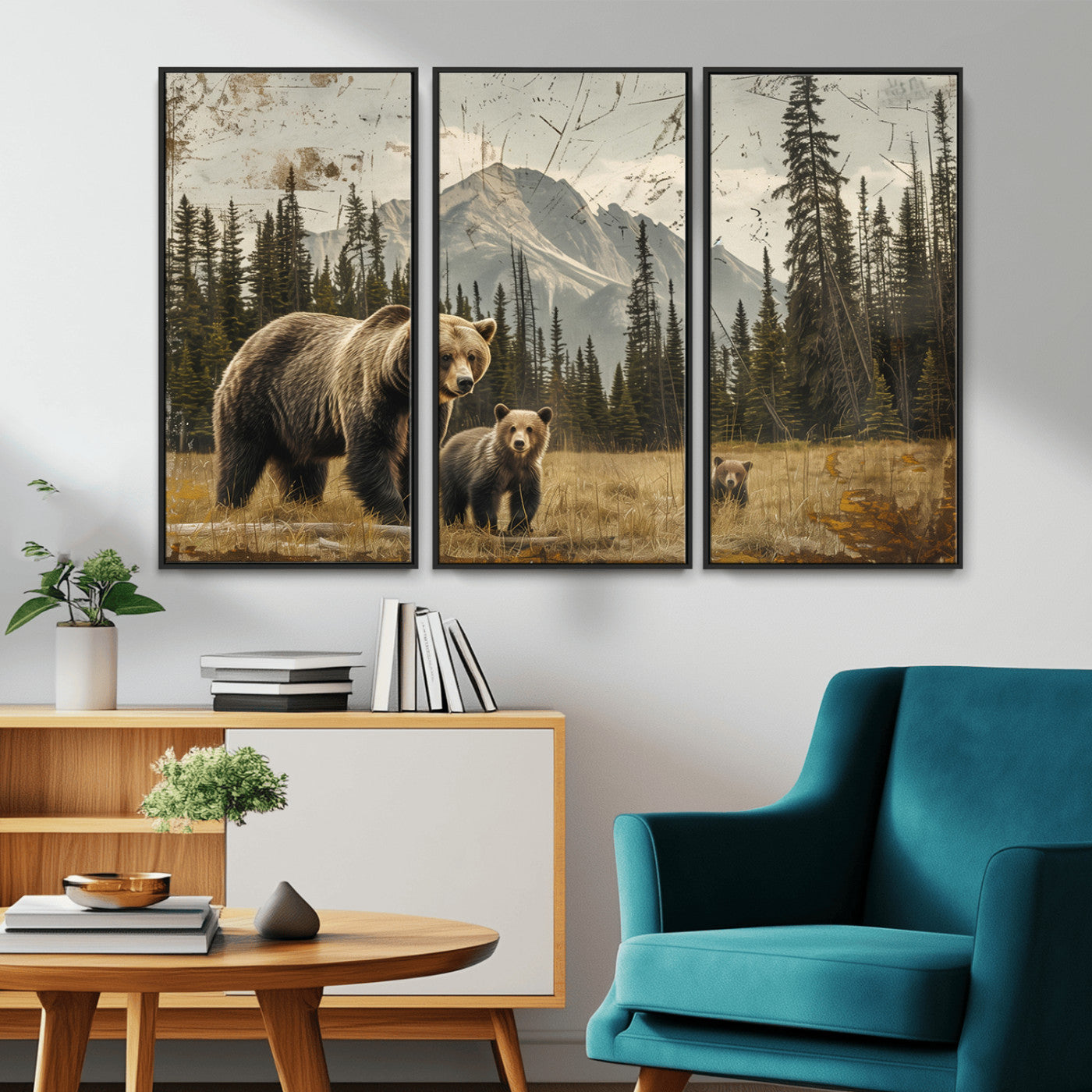 MGV-FC-48X32-3P - Rustic Grizzly 399 Bear Family Wall Art Canvas Print