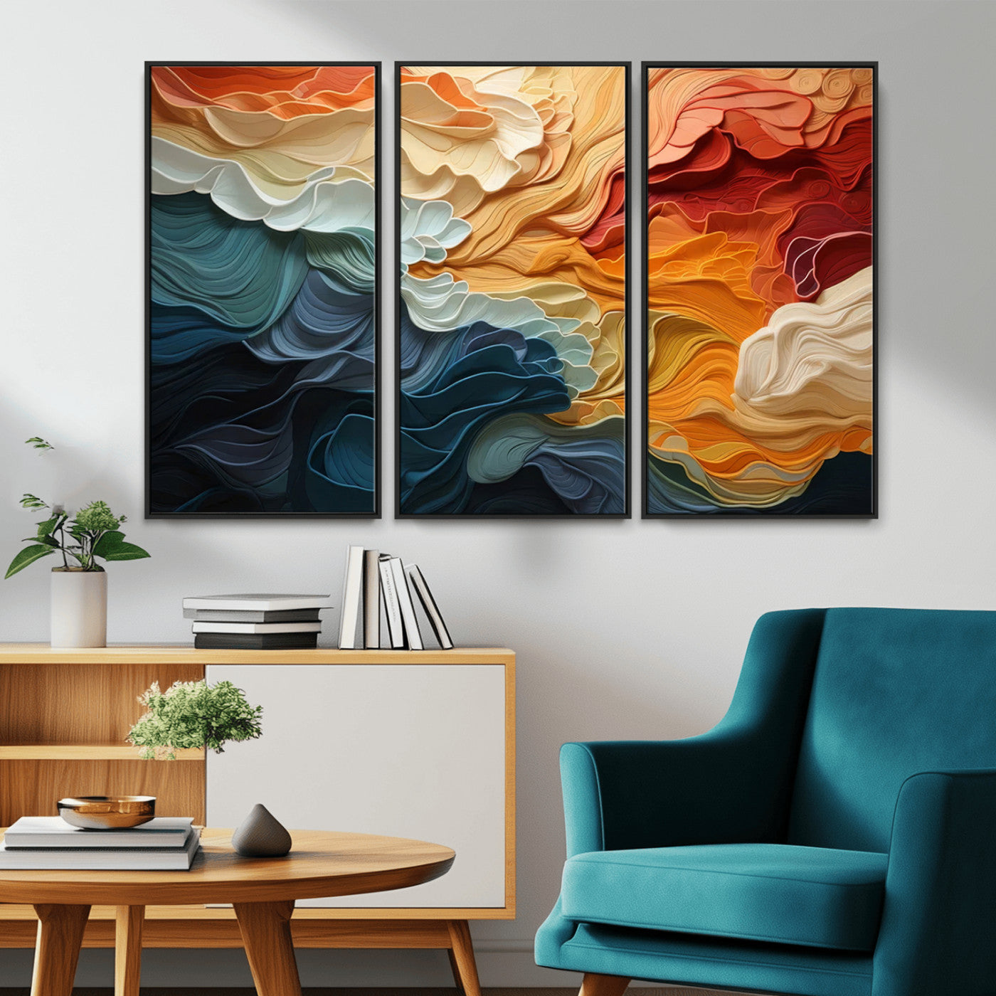 MGV-FC-48X32-3P - Blue Orange Abstract Wave Wall Art Canvas Print, Framed Blue Orange Wave Wall Art