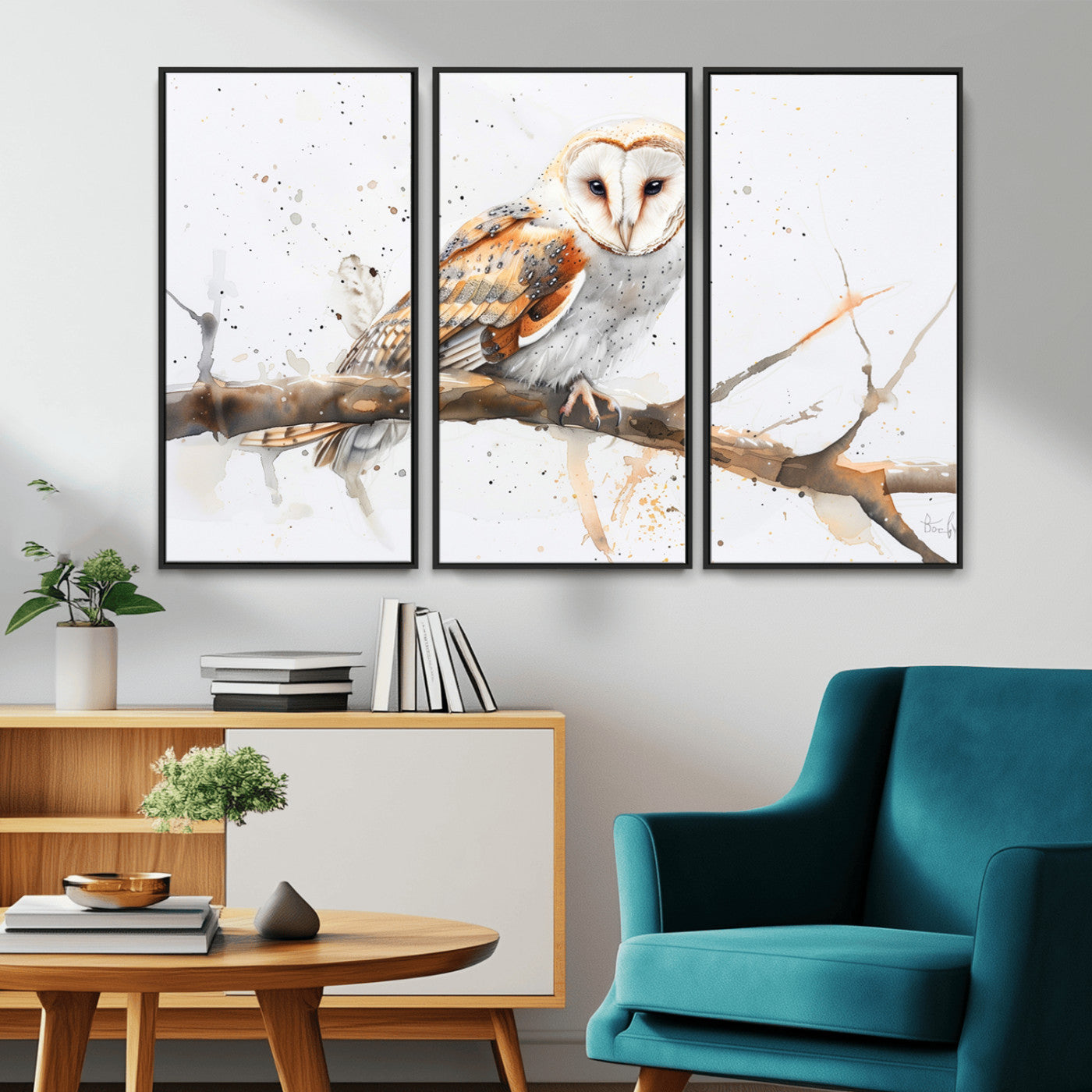 MGV-FC-48X32-3P - Barn Owl Wall Art on Branch | Stunning Canvas Print for Nature Lovers | Ready to Hang and Framed
