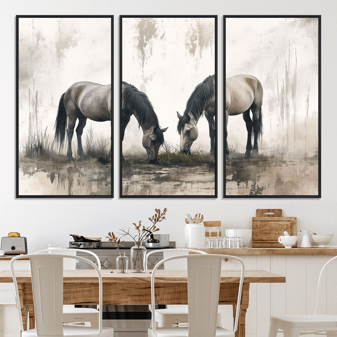 35494-MGV-CV-36X24-Chines Ink Style Vintage Horses Wall Art Canvas Print for Farmhouse Wall Decor