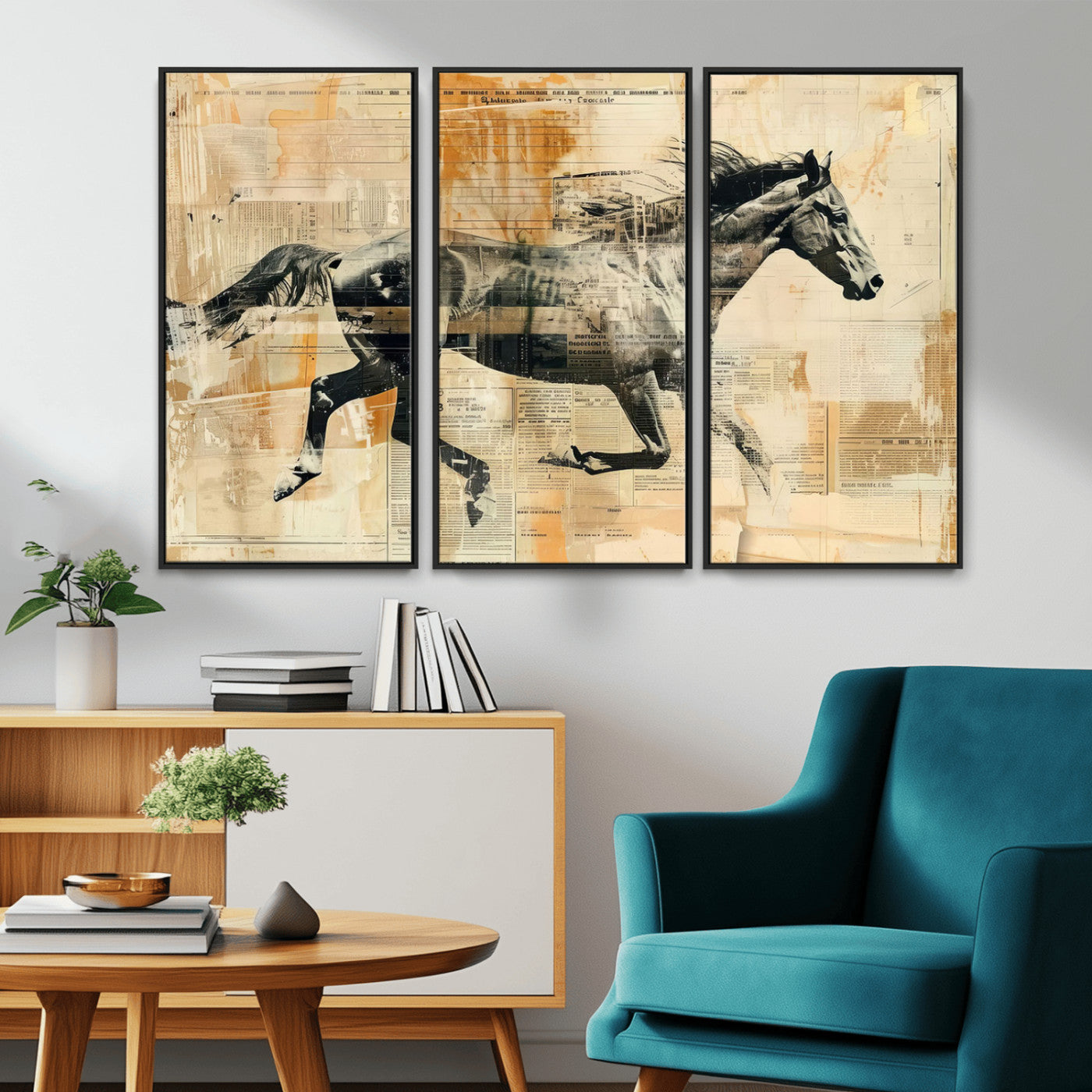 MGV-FC-48X32-3P - Chines Style Running Horse Western Wall Art | Farmhouse Wall Decor | Ready to Hang Framed Canvas