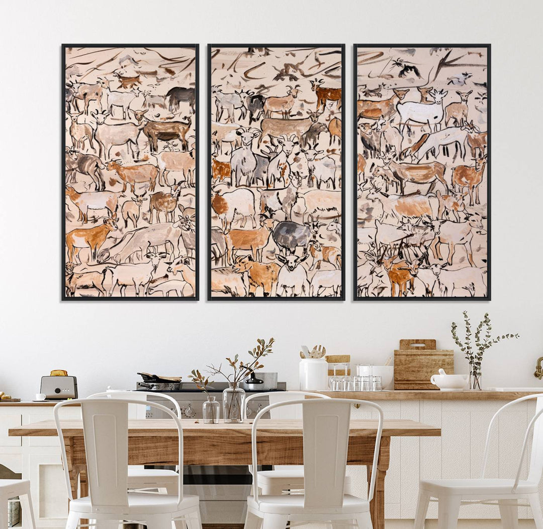 Framed Goat Herd Wall Art in minimal brush strokes on a beige backdrop, ideal for farmhouse or cabin decor.