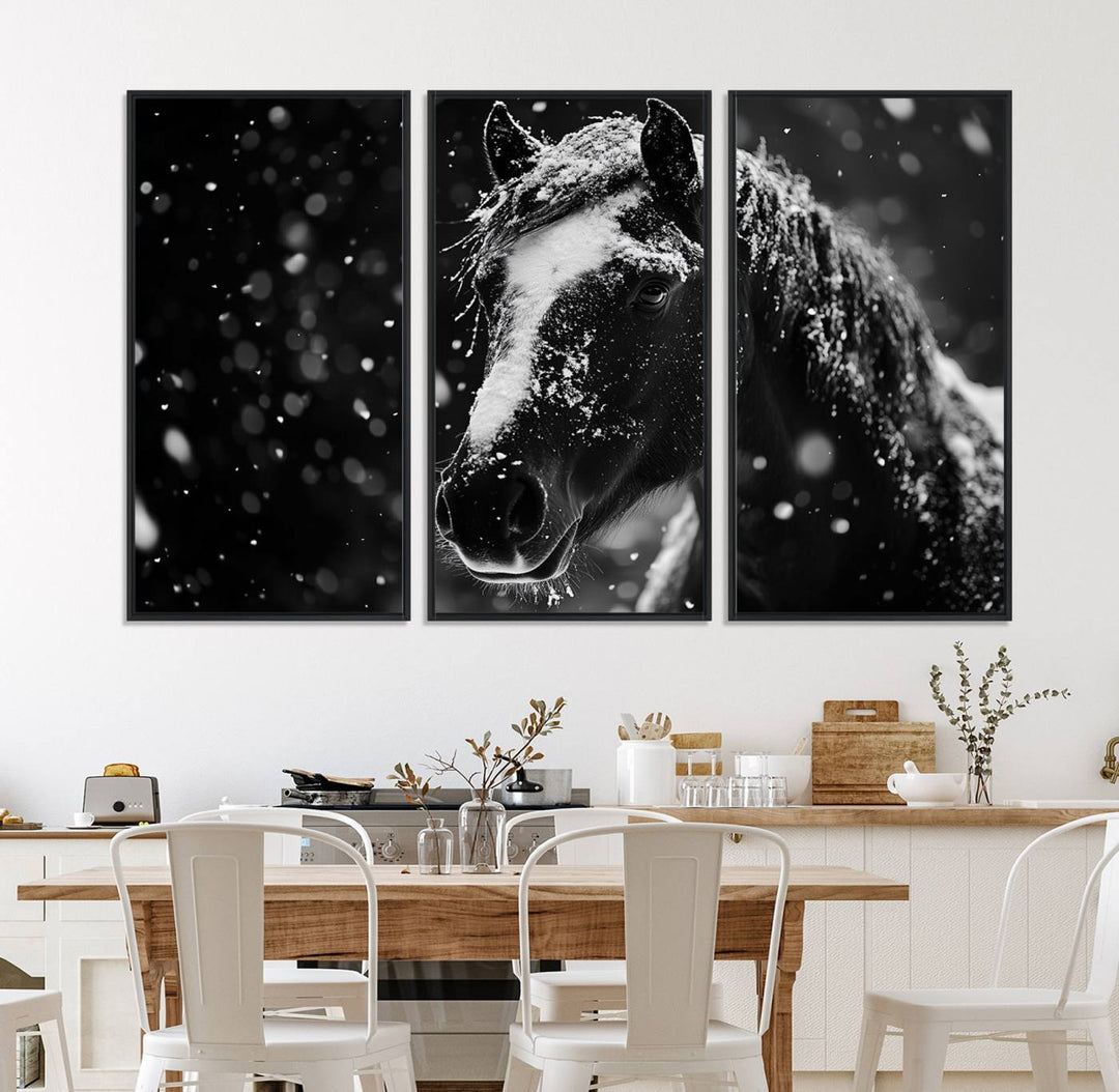 The Winter Horse Wall Art showcases a gentle horse print with snowflakes, ideal for rustic farmhouse or cabin decor.