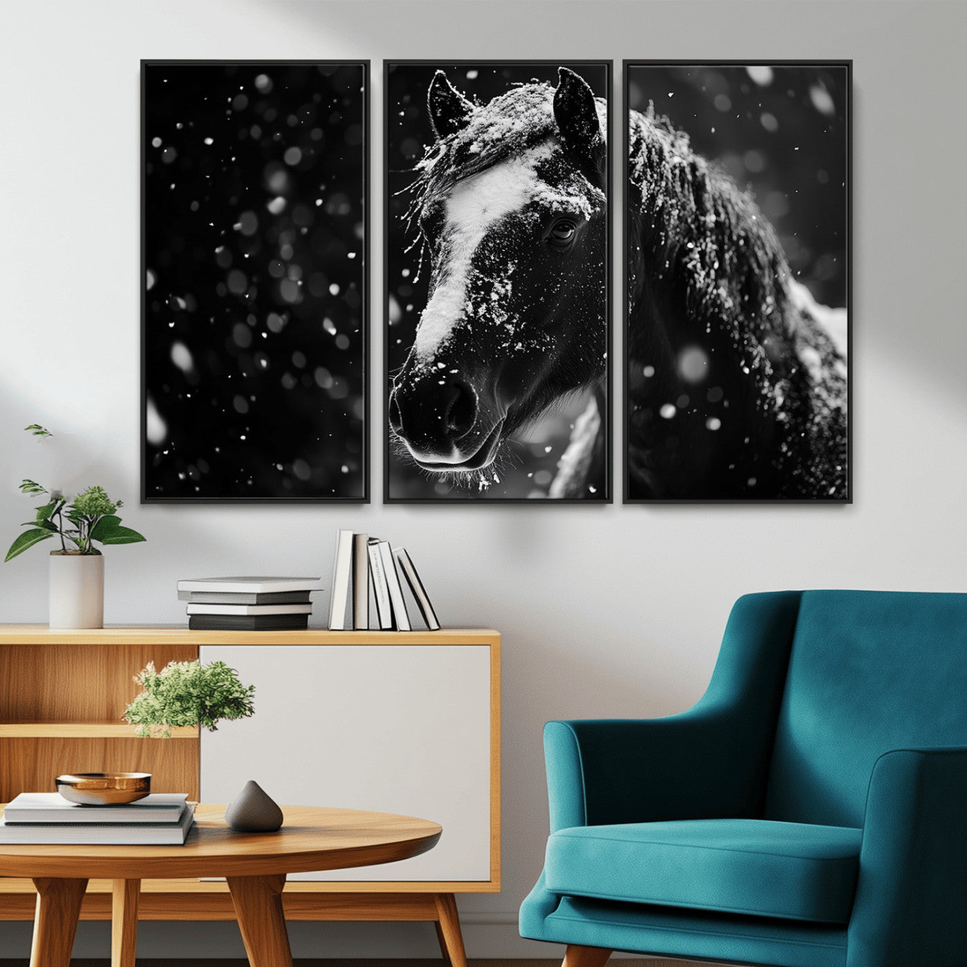 MGV-FC-48X32-3P - Winter Horse Wall Art | Black and White Horse Print | Ready to Hang and Framed | Farmhouse Wall Art