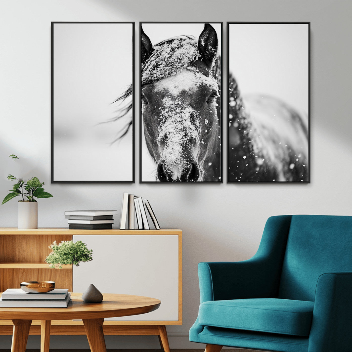 MGV-FC-48X32-3P - Western Wall Art | Black and White Winter Horse Wall Art | Ready to Hang and Framed | Farmhouse and