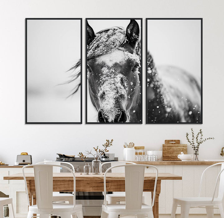 This black and white winter horse wall art enhances any decor; it is ready to hang and framed for a farmhouse or Western style.