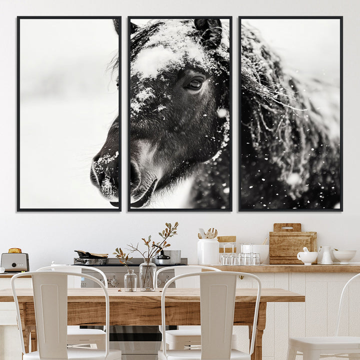 The wall art is a Black and White Horse piece, framed and ready to hang.