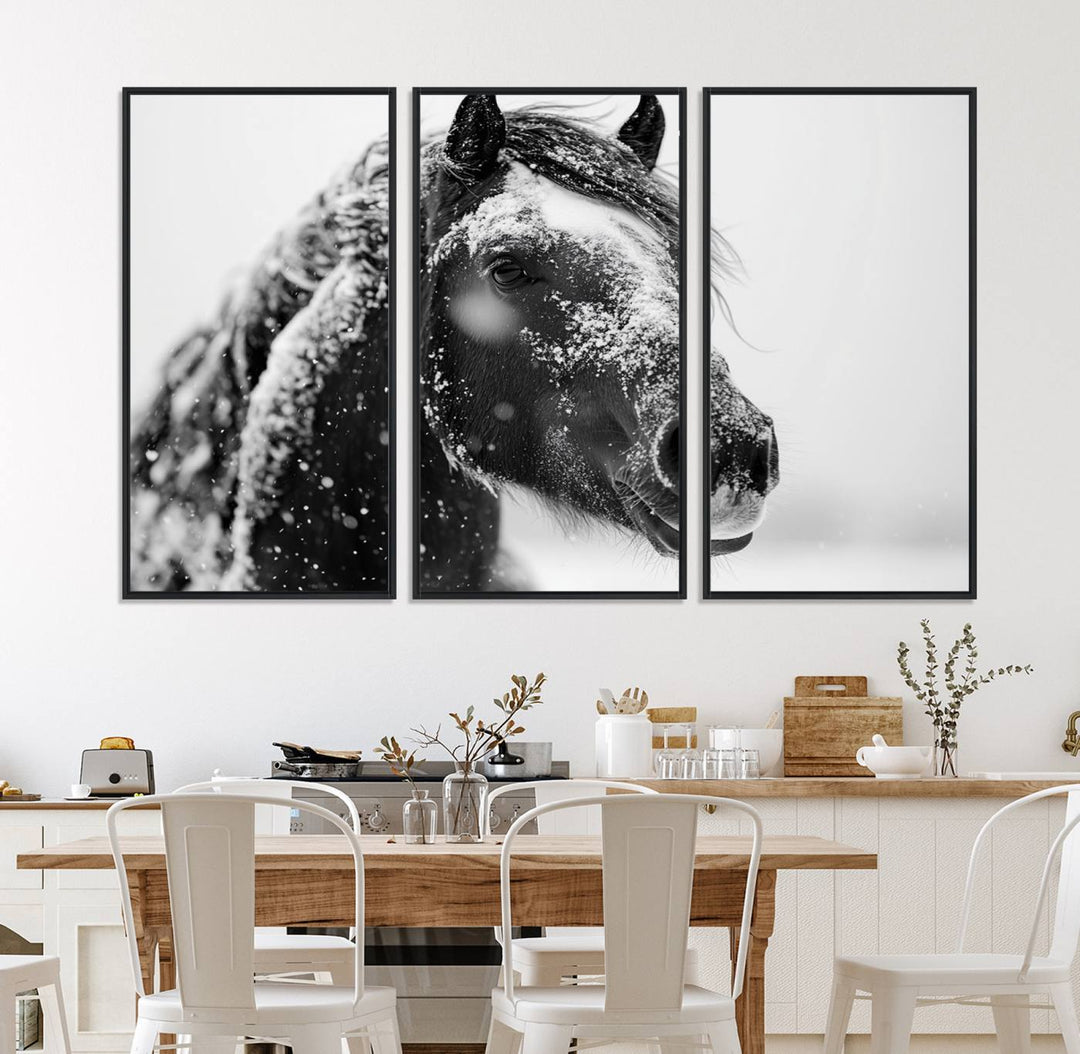 A large 3-panel rustic farmhouse wall art showcases a black and white winter horse canvas print against a snowy backdrop.