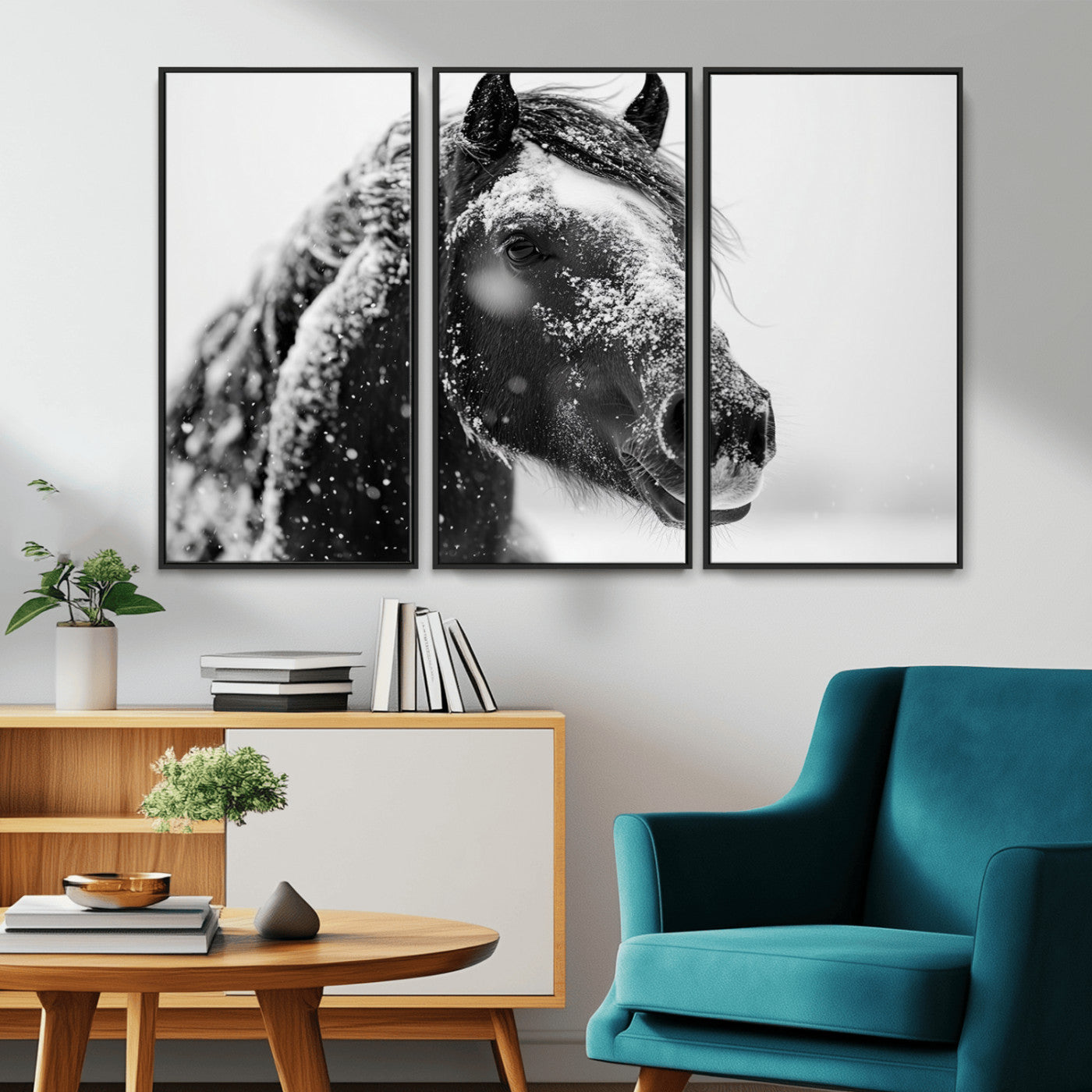 MGV-FC-48X32-3P - Winter Horse Canvas Print | Large 3-Panel Black White Equine Photography for Rustic Farmhouse Wall