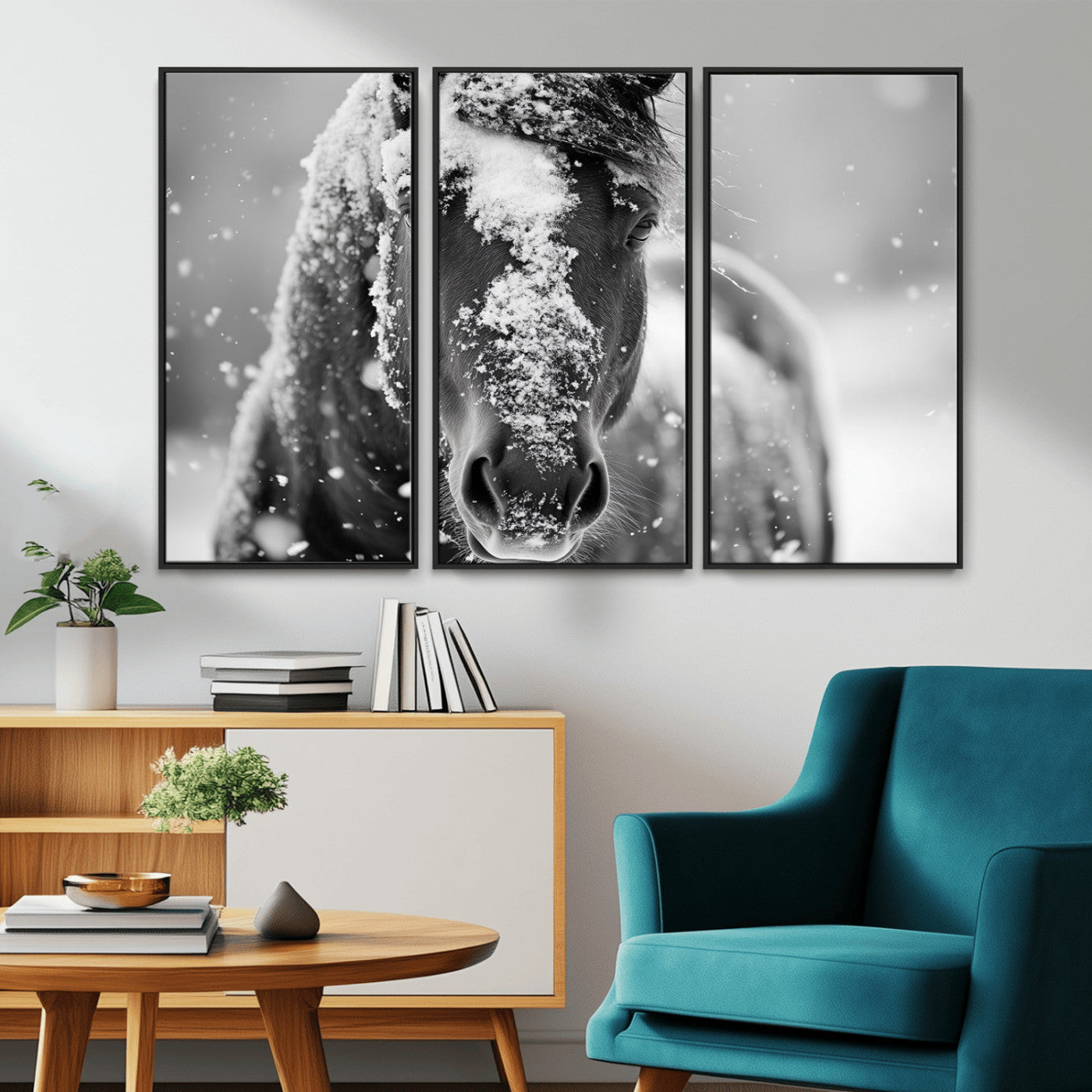 MGV-FC-48X32-3P - Black and White Horse Winter Wall Art | Ready to Hang and Framed | Farmhouse Wall Decor | Western