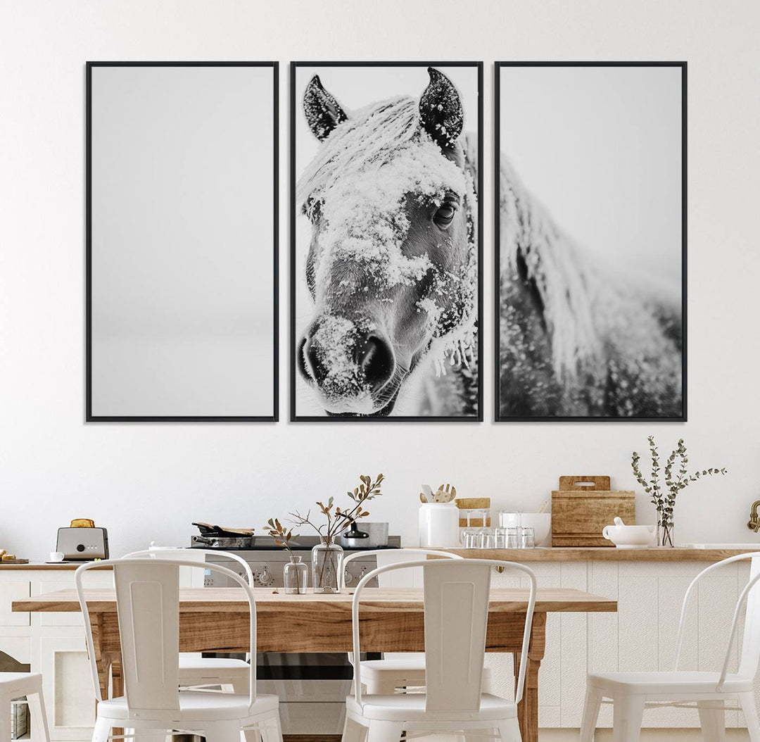 White Horse Wall Art: A black and white photo of a snow-covered horse, framed and ready to hang for farmhouse decor.