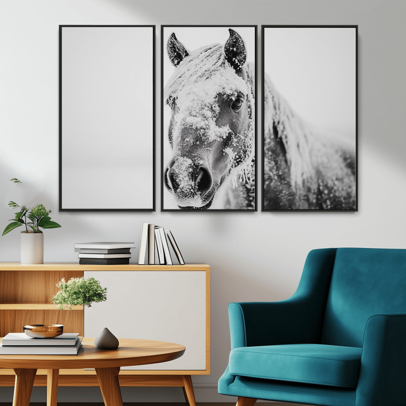 MGV-FC-48X32-3P - White Horse Wall Art | Ready to Hang and Framed | Winter Horse Wall Art Print for Farmhouse and