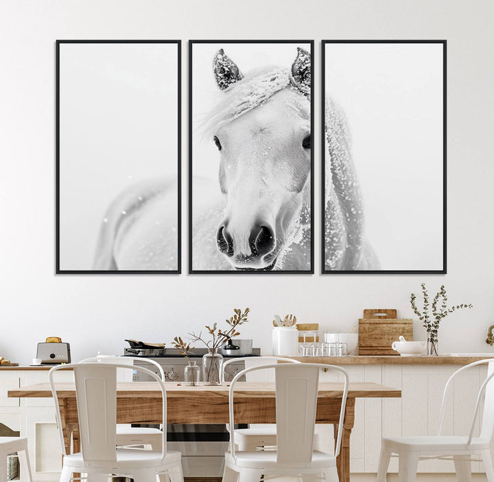 The dining room features the Majestic White Horse Wall Art, adding to its rustic charm.