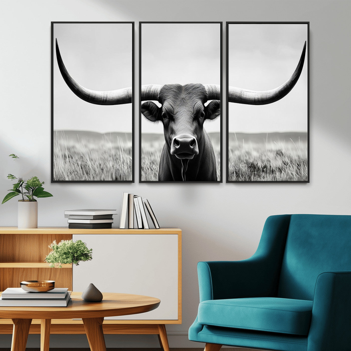-Longhorn Bull Canvas Print | Rustic Farmhouse Wall Art | Western Decor | Ready to Hang and Framed