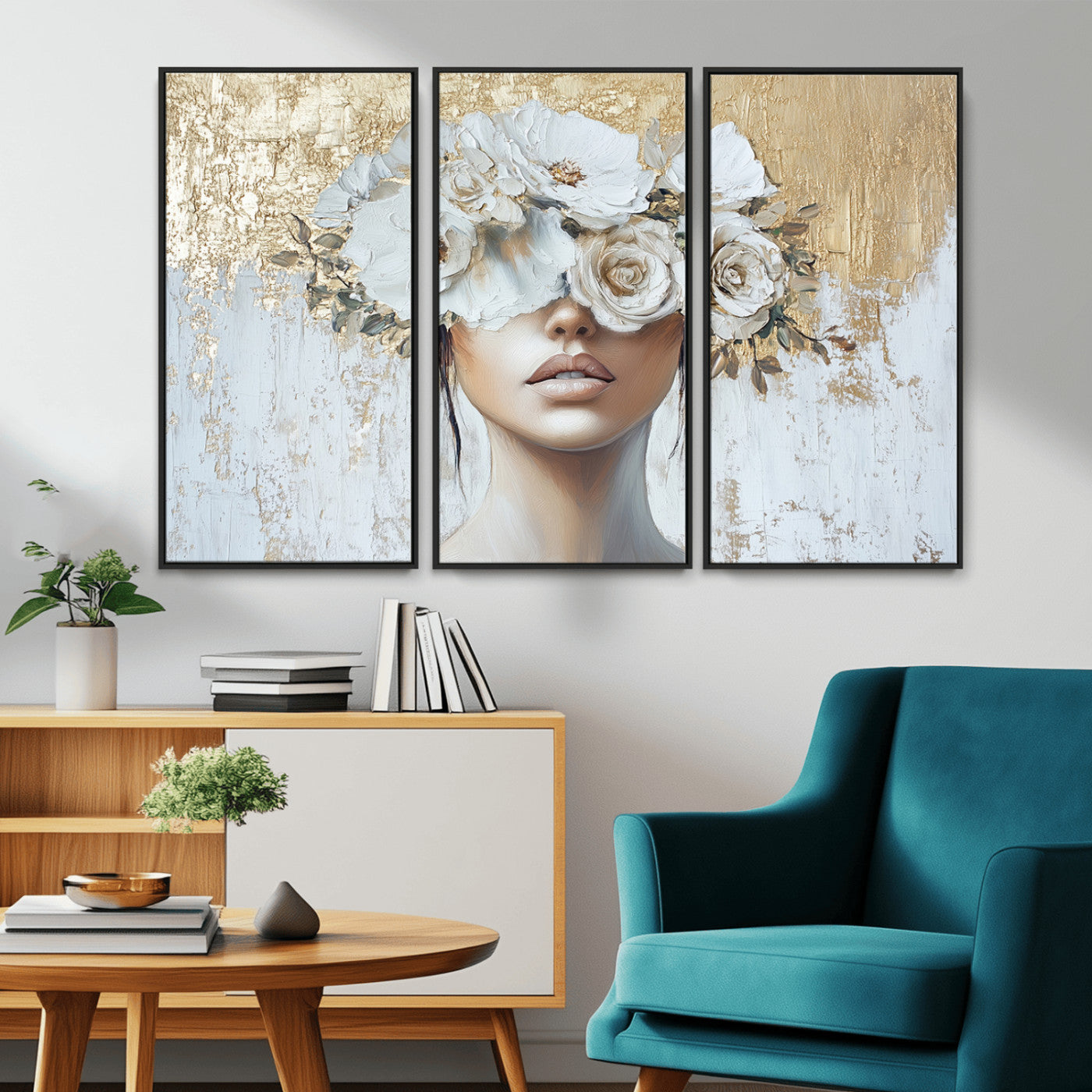 MGV-FC-48X32-3P - Golden Petal Wall Art - Canvas Print Flower Head Woman Painting Floral Woman Portrait Wall Decor,