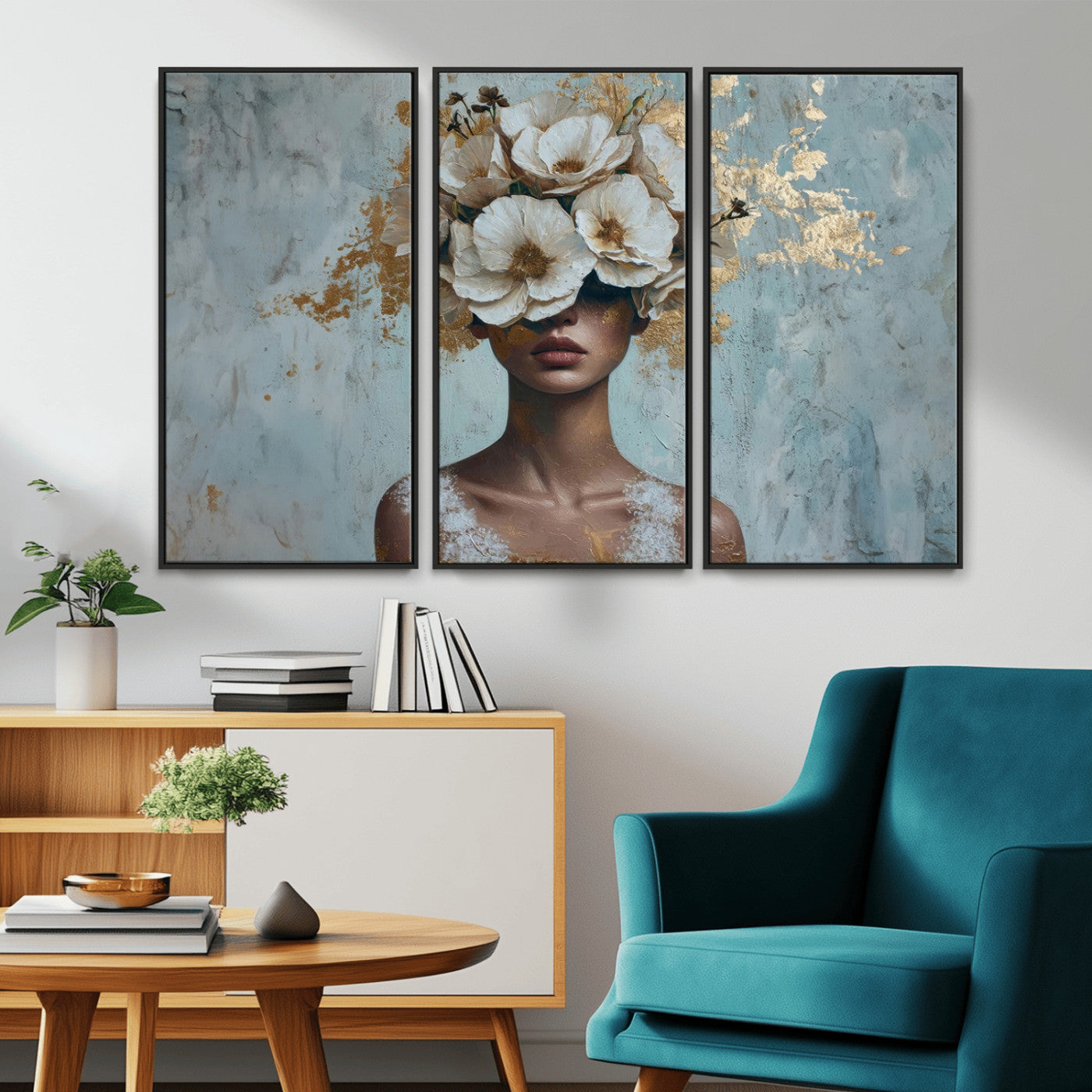 MGV-FC-48X32-3P - Golden Petal Wall Art - Petal Silhouette Woman Wall Art Canvas Print | Large 3-Panel Canvas with