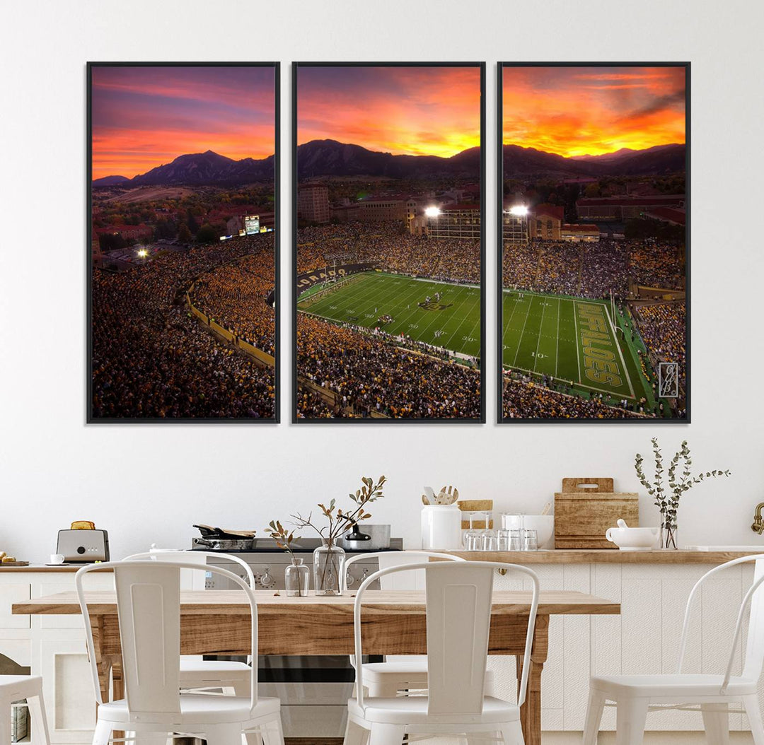 A vibrant mountain sunset at Folsom Field, home of the University of Colorado Football team, is captured in this stunning wall art canvas print.