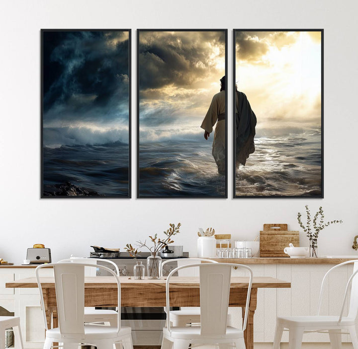 A dramatic sky serves as the backdrop for the Jesus Walking on Water wall art, a perfect piece for Christian home decor.