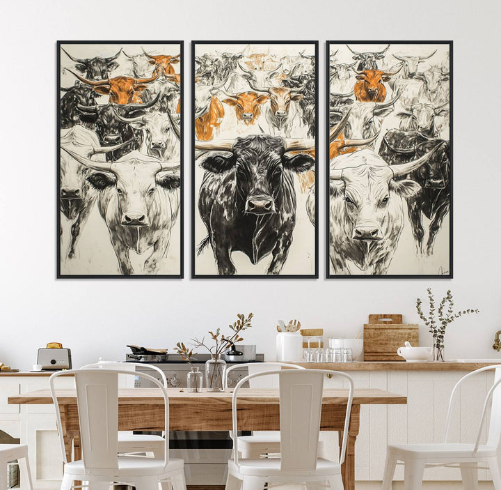 Texas Longhorn Wall Art canvas features cattle artwork with an abstract design, perfect for farmhouse decor on a porch.