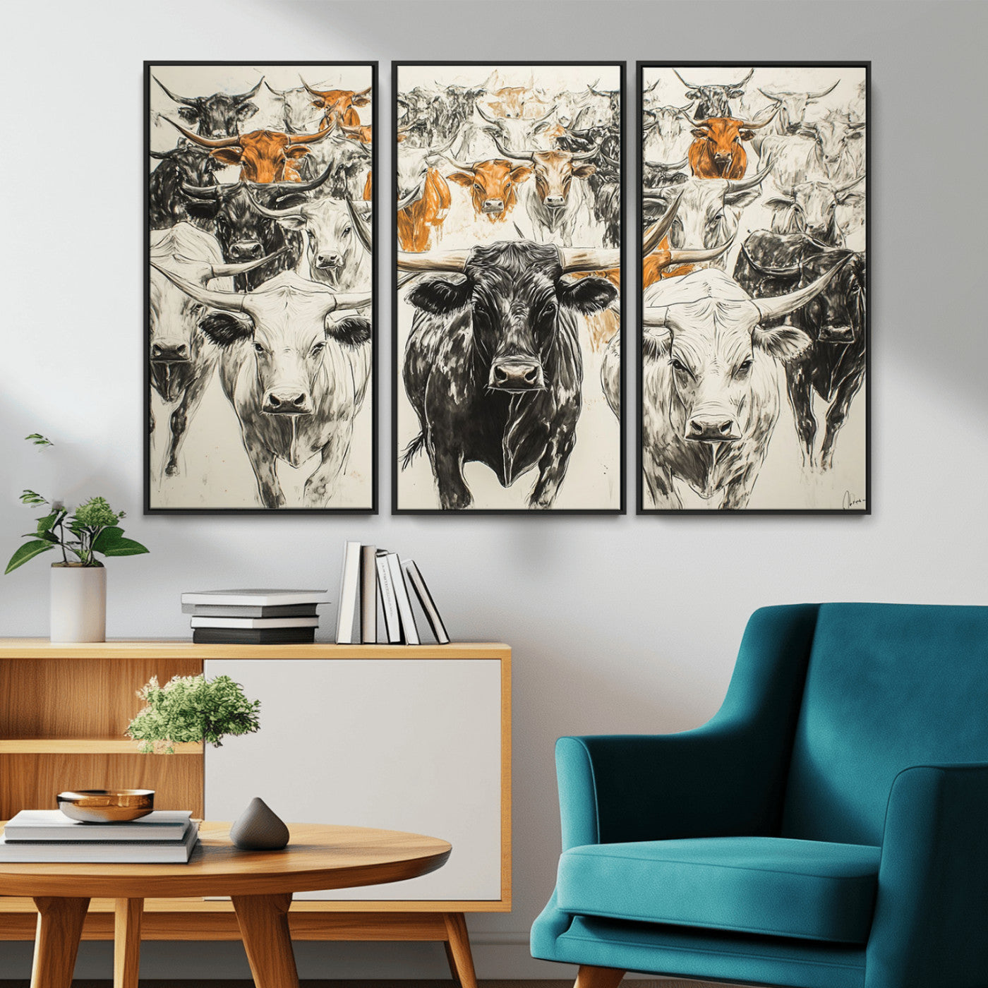 MGV-FC-48X32-3P - Texas Longhorn Wall Art - Herd Canvas Wall Art Print - Abstract Cow Drawing Wall Art Print for