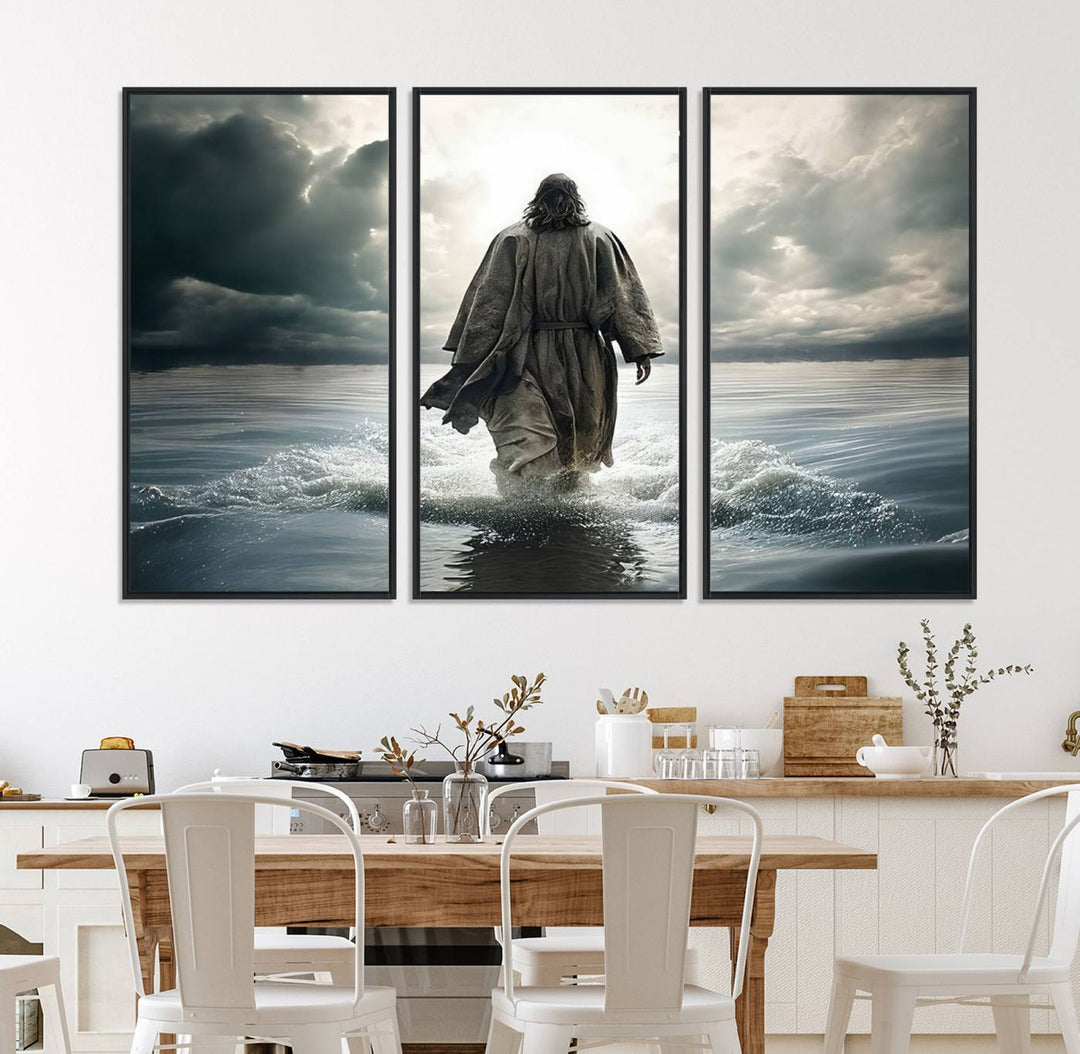 A canvas wall art depicting a figure walking on water beneath dramatic clouds, designed as inspirational religious imagery and ready to hang.