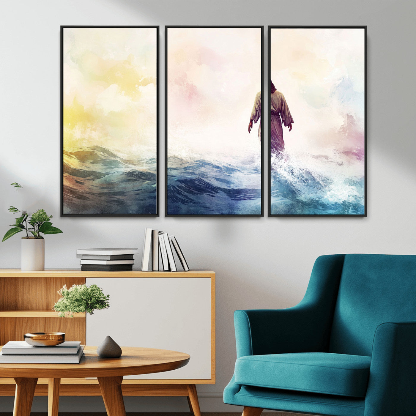 MGV-FC-48X32-3P - Watercolor Jesus Walking on Water Canvas Print, Christian Wall Art, Jesus Christ Walking