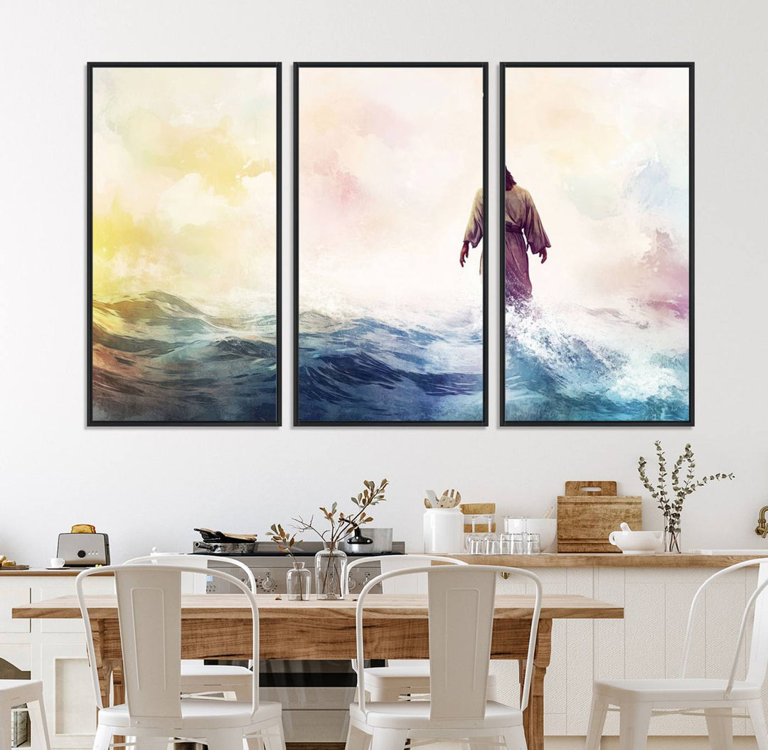 A robed figure strides on water in gentle waves, evoking the Watercolor Jesus Walking on Water canvas art.