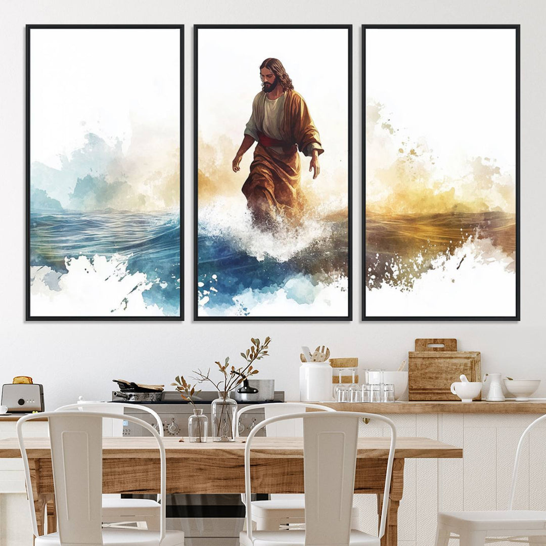 This watercolor canvas print depicts Jesus walking, characterized by abstract splashes against a serene background. It serves as a beautiful piece of Christian wall art.