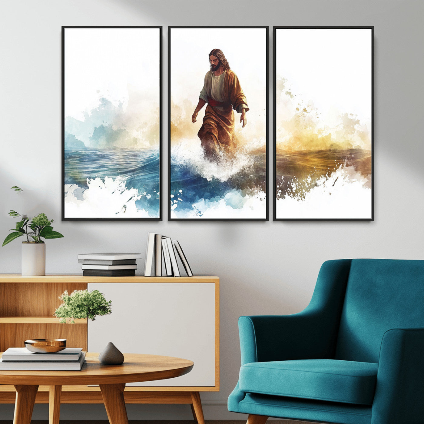 MGV-FC-48X32-3P - Watercolor Jesus Walking Wall Art Print, Jesus Water Canvas Print, Christian Wall Art, Jesus Christ
