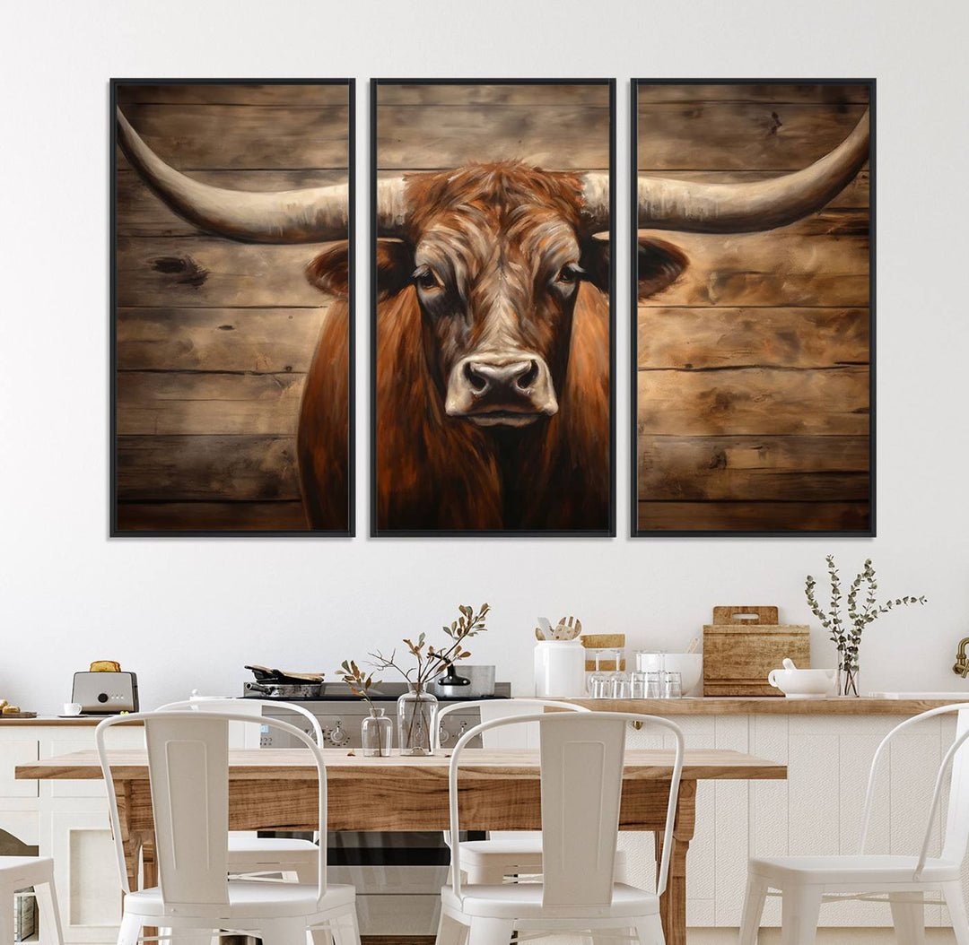 Longhorn Bull Canvas Print: Rustic Farmhouse Decor, Ready to Hang Western Barn Art.