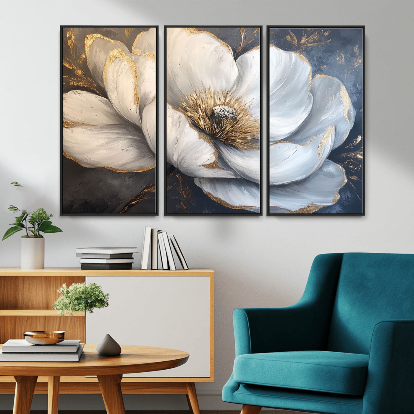 MGV-FC-48X32-3P - White Magnolia Flower Wall Art Canvas Print | Abstract Floral Wall Decor | Elegant Bloom Artwork |