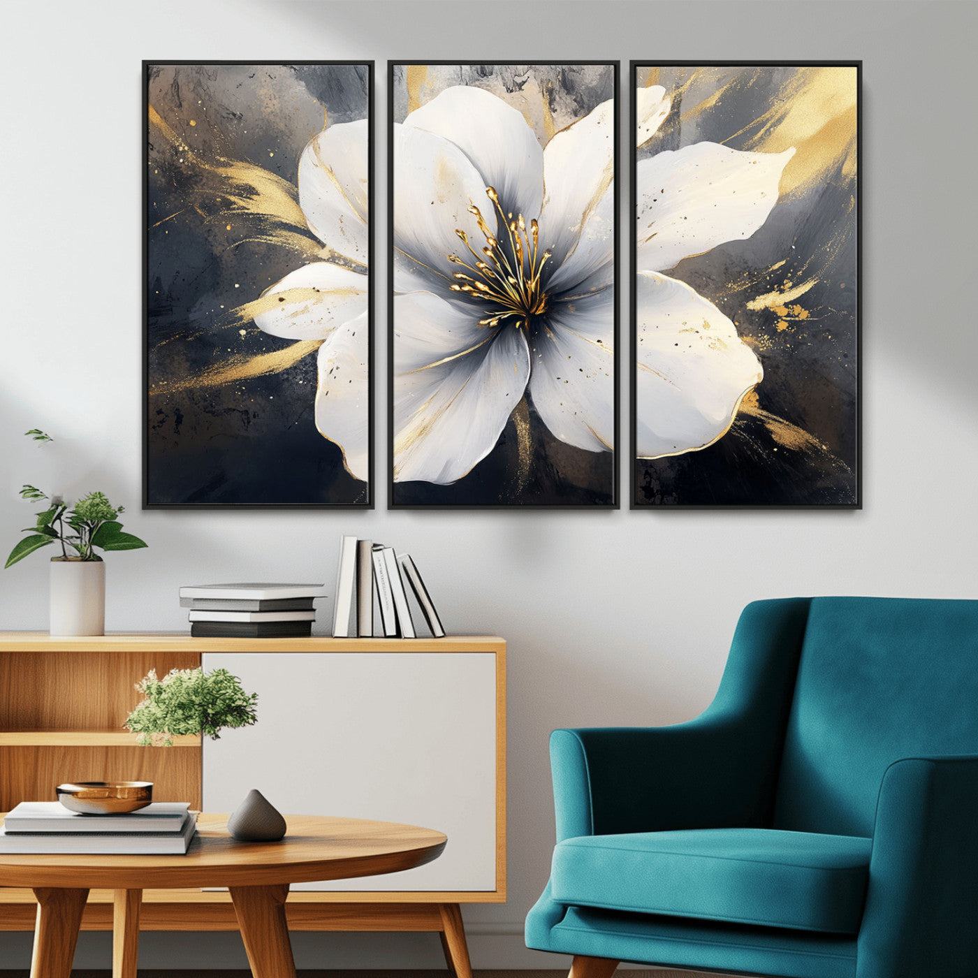 MGV-FC-48X32-3P - White Flower Wall Art Canvas Print | Ready to Hang | Abstract Floral Wall Decor | Elegant Bloom