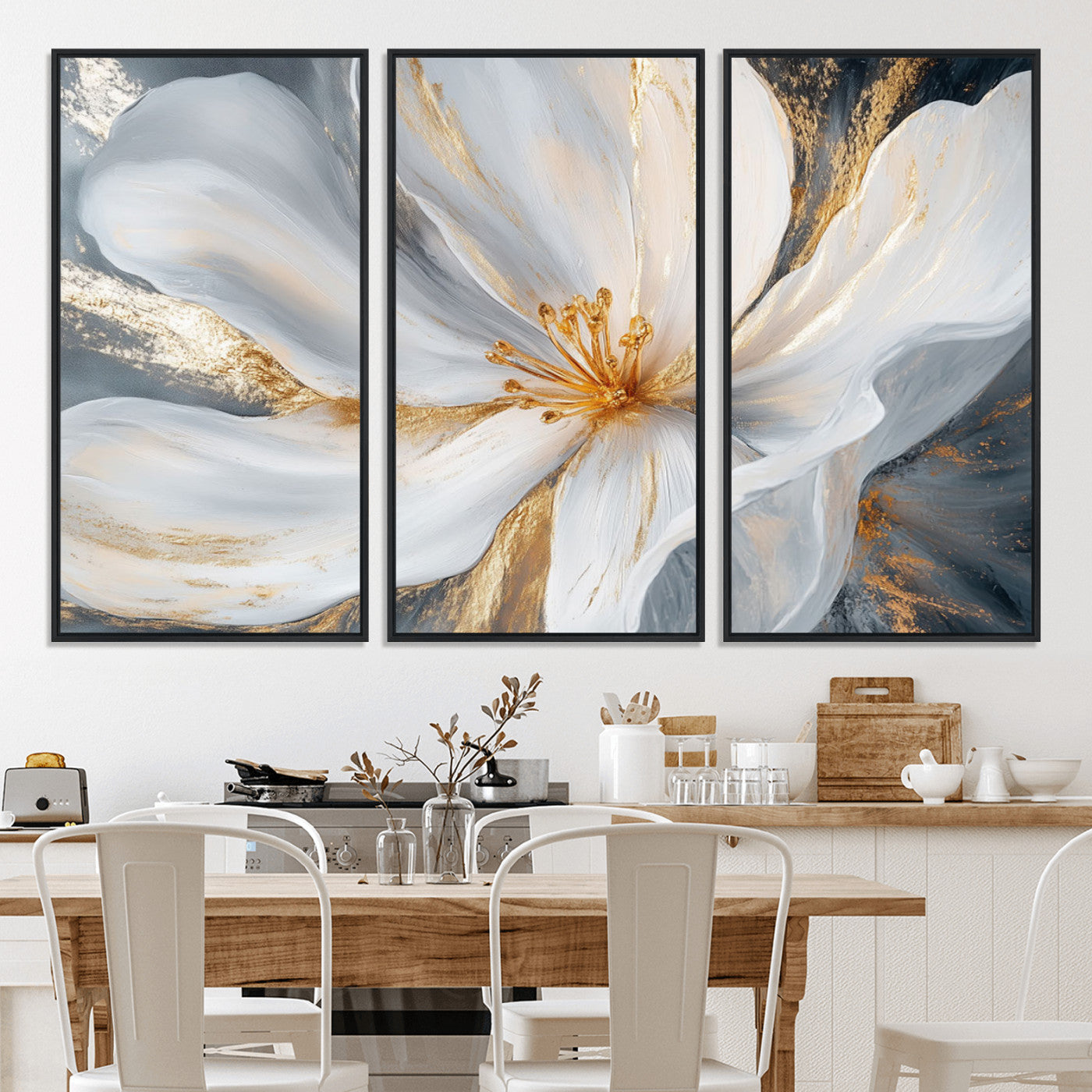 83149-MGV-CV-36X24-White and Gold Floral Canvas Wall Art - Framed and Ready to Hang - Perfect for Modern Living Rooms