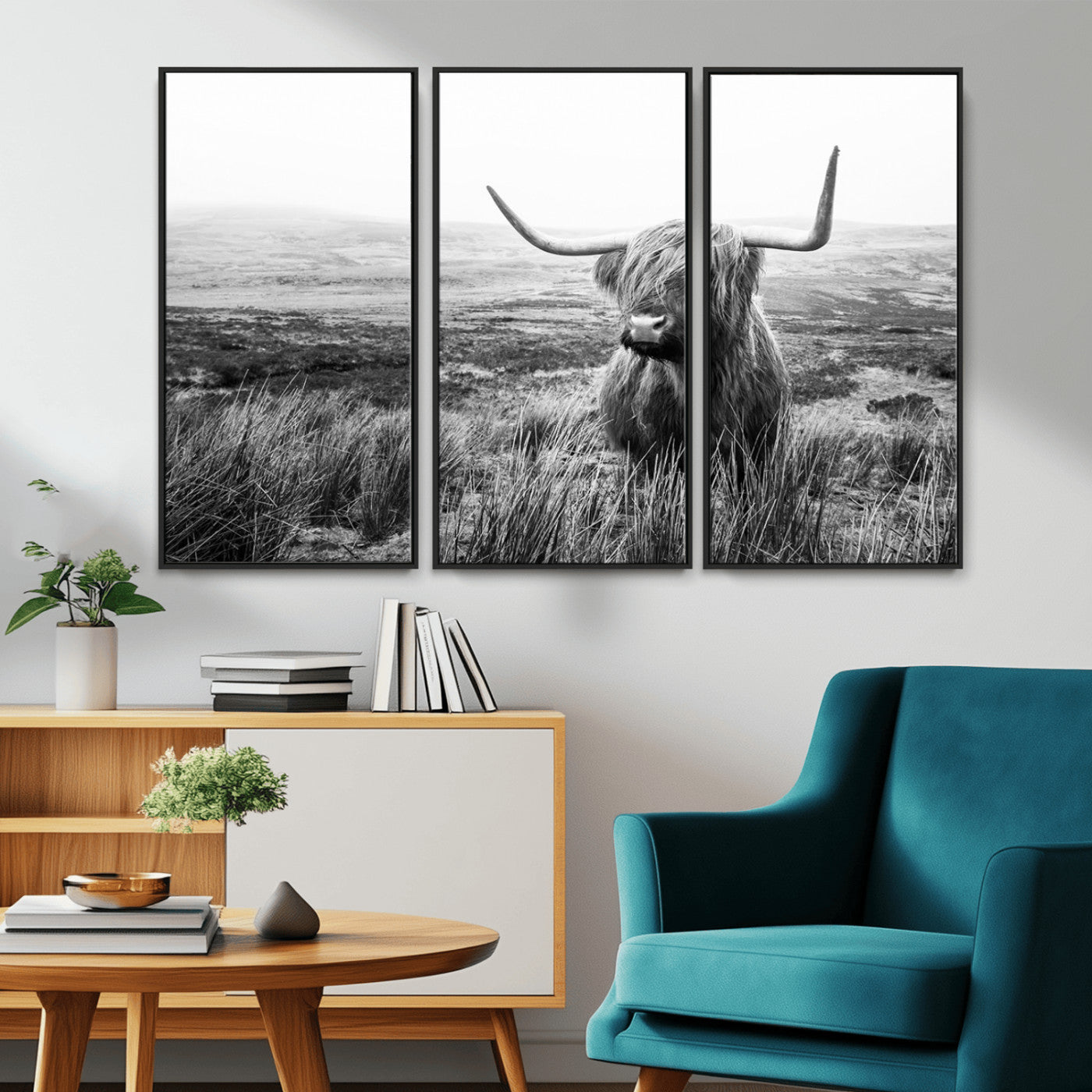 MGV-FC-48X32-3P - Scottish Highland Cow Wall Art | Black and White Canvas Print | Ready to Hang and Framed | Rustic