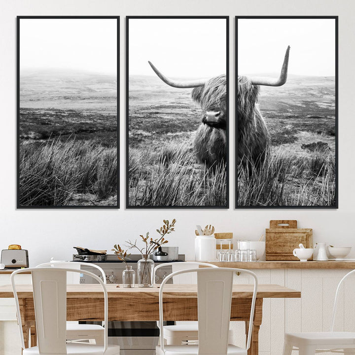 Scottish Highland Cow Wall Art | Black and White Canvas Print | Ready to Hang and Framed | Rustic Farmhouse Wall Decor for Living Room or