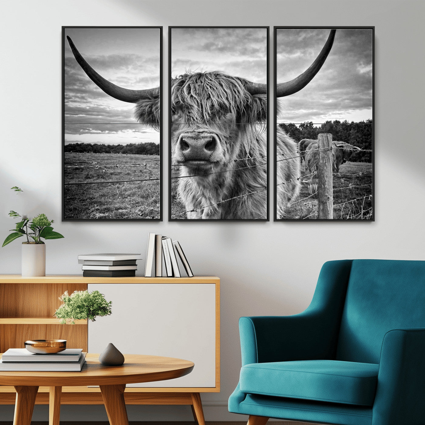 MGV-FC-48X32-3P - Scottish Highland Cow Wall Art Canvas Print | Ready to Hang and Framed | Rustic Farmhouse Decor