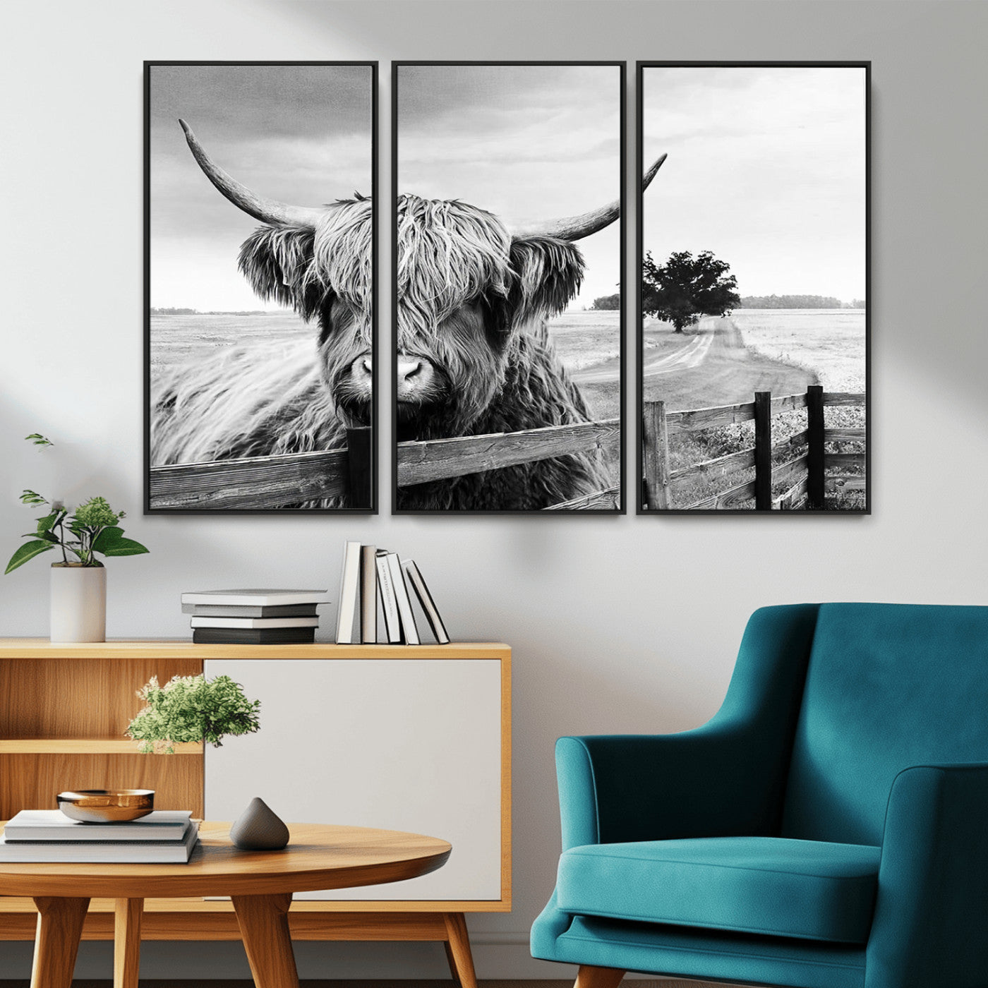 MGV-FC-48X32-3P - Scottish Highland Cow Wall Art | Rustic Farmhouse Décor | Black and White Ready to Hang Canvas Print